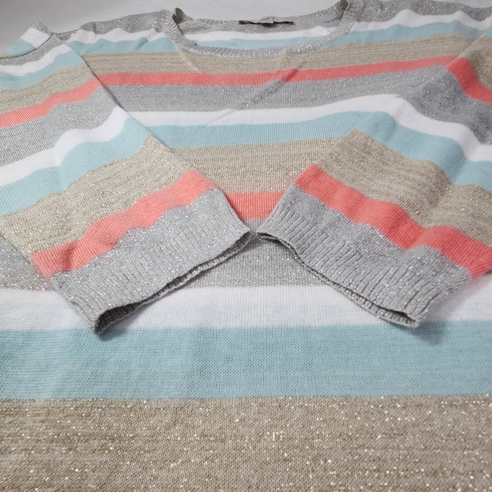 LOFT Pastel Striped Crew Neck Sweater Size L Lightweight Shimmer Tan, Pink, Grey - Picture 8 of 10